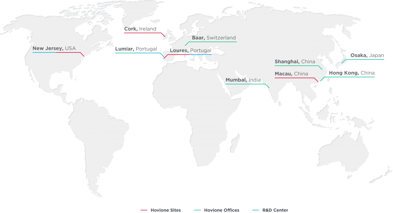 Mapa mundo com presença internacional em 3 continentes | Hovione