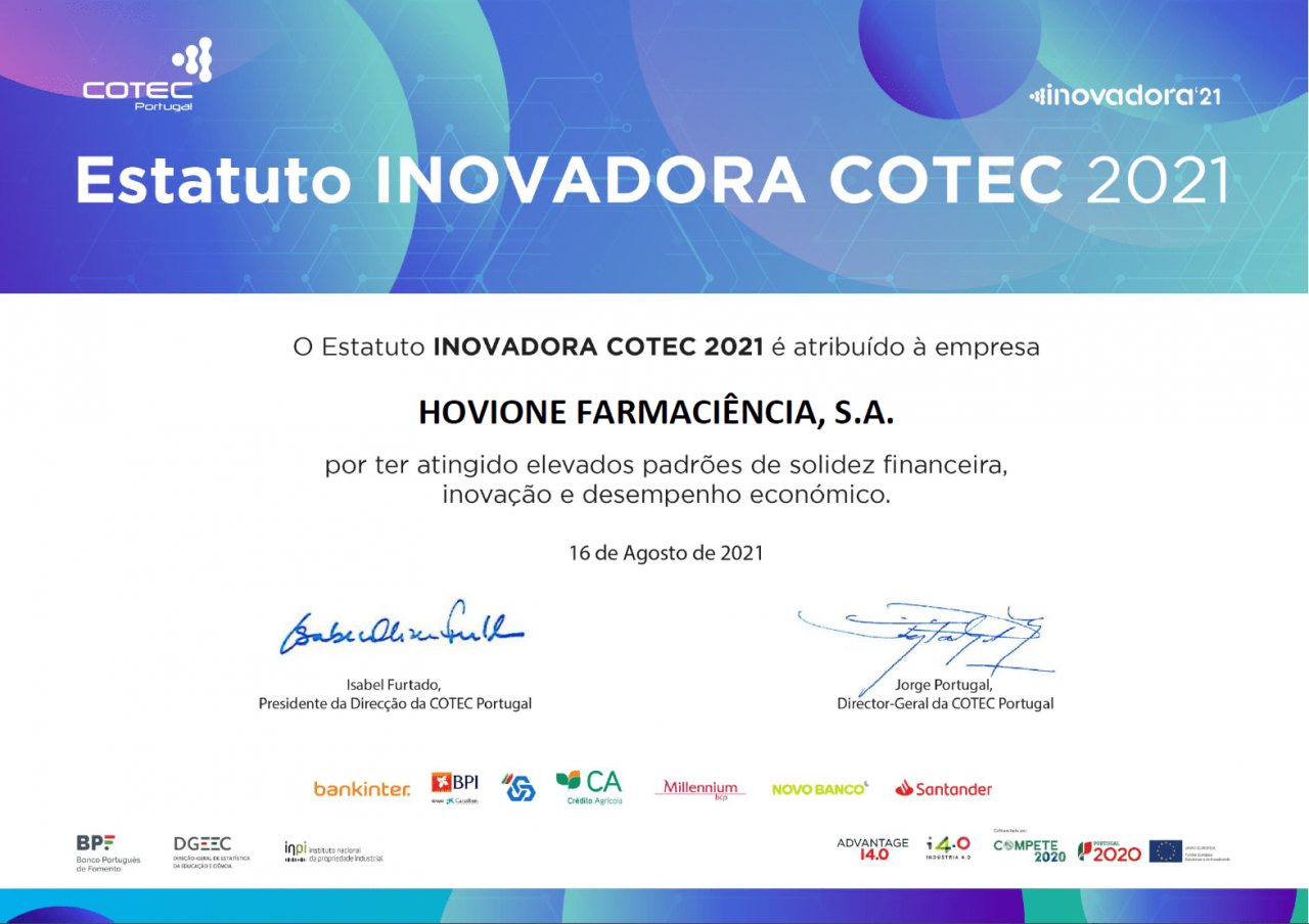Certificado Estatuto Inovadora COTEC 2021 | Hovione