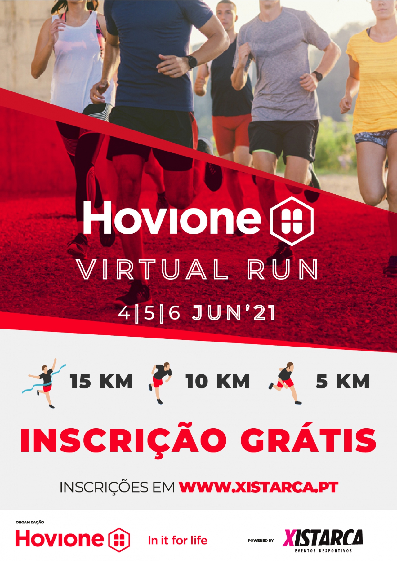 imagem do poster promocional da corrida: um grupo de pessoas a correr e informação sobre dias e website para inscrições.